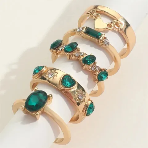 5 Pcs Green Crystal Heart Decor Finger Ring Set